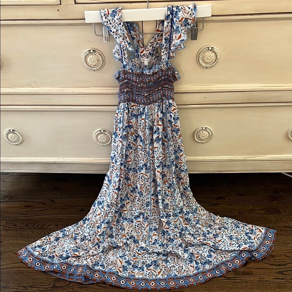Poupette St. Barth Kids Blue and Cream Floral Maxi Dress Size 10